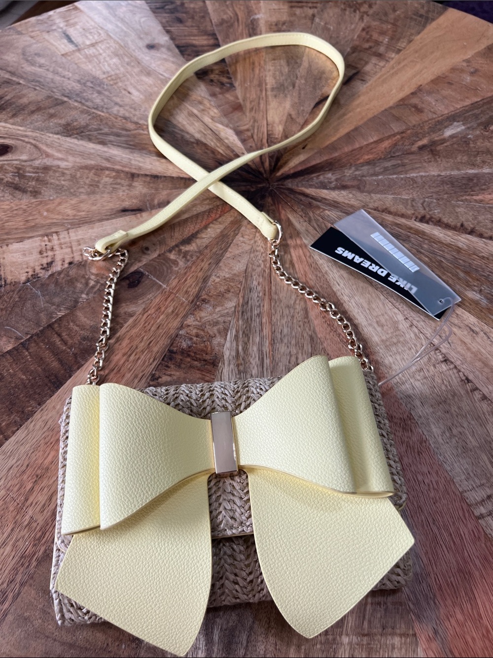 Yellow Bow Straw Crossbody Bag with Chain Strap